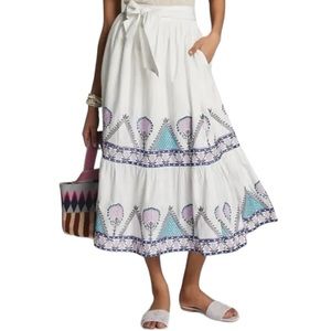 NEW Anthropologie Embroidered White Purple Tiered Maxi Skirt Sz Small